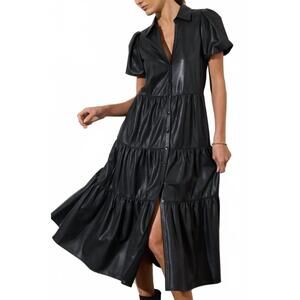 NEW BROCHU WALKER havana vegan leather long dress in black